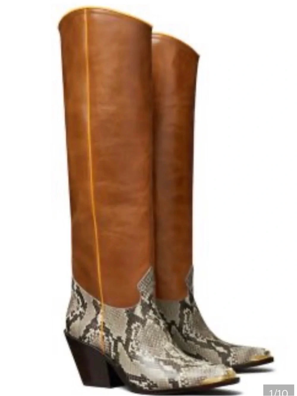 Tory Burch Tall Brown Leather and Snake-Print Knee Boots